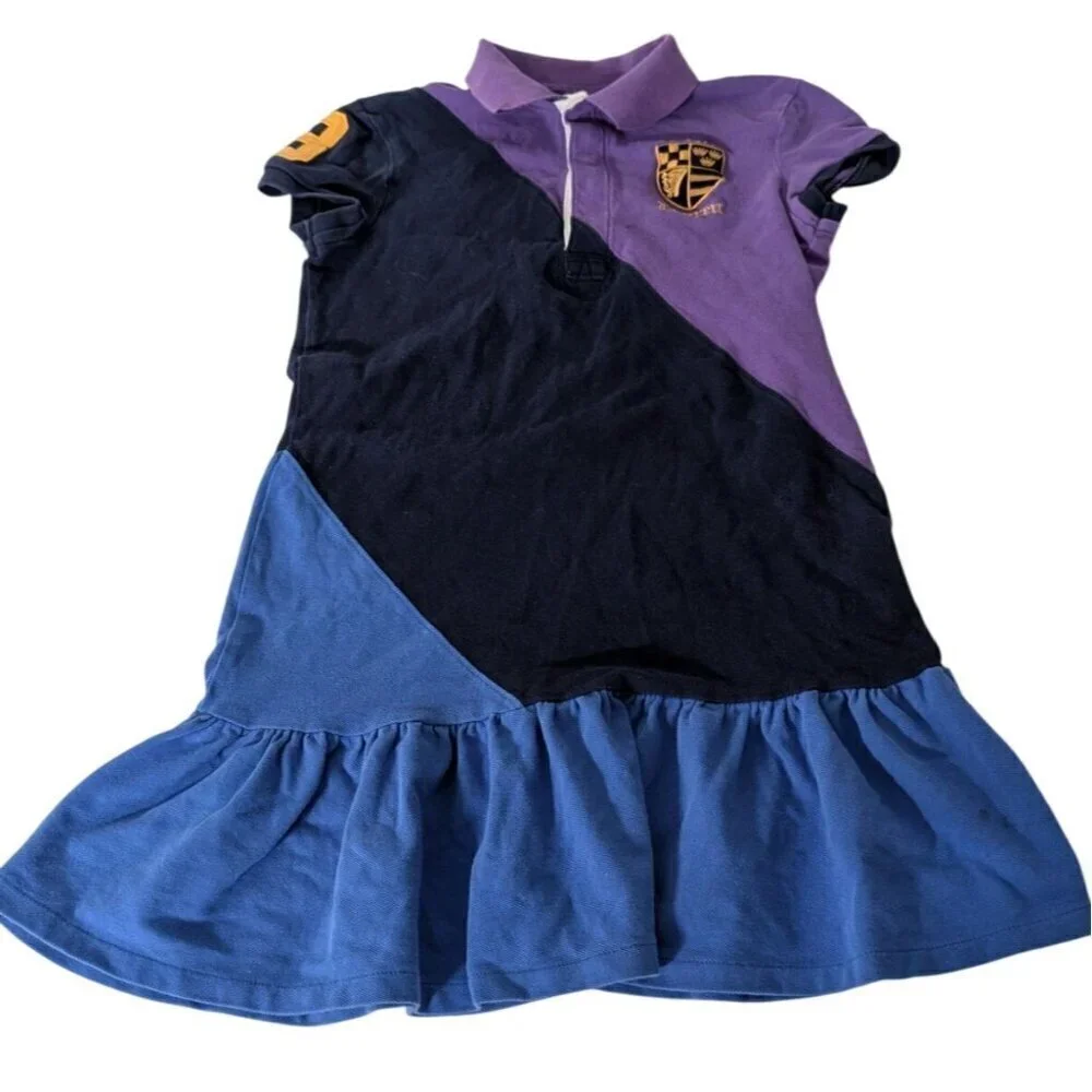 Ralph Lauren Rugby Polo Dress Girls Medium Blue Purple Preppy Embroidered Crest